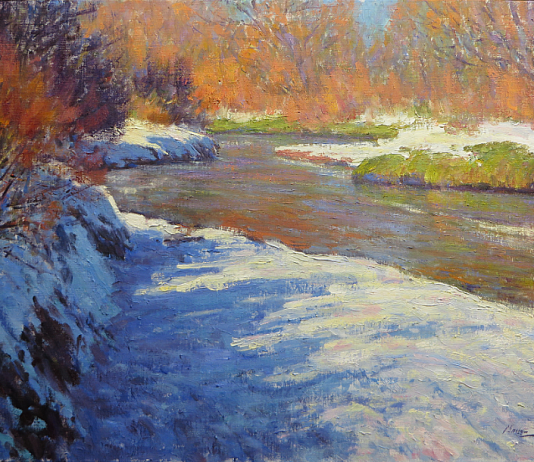 Lorenzo Chavez Along The Cherry Creek river stream brook snow high mountain western oil painting