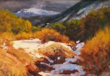 Lorenzo Chavez Canyon de Domingo Baca snow mountains stream western landscape oil painting New Mexico