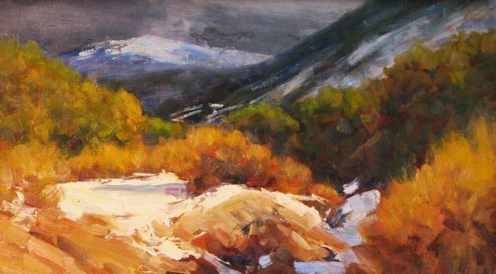 Lorenzo Chavez Canyon de Domingo Baca snow mountains stream western landscape oil painting New Mexico