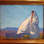 Lorenzo Chavez Connected To The Wind And Earth Native American Indian cape cloak western landscape portrait figure figurate western oil painting framed