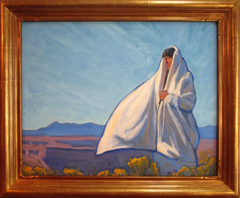 Lorenzo Chavez Connected To The Wind And Earth Native American Indian cape cloak western landscape portrait figure figurate western oil painting framed