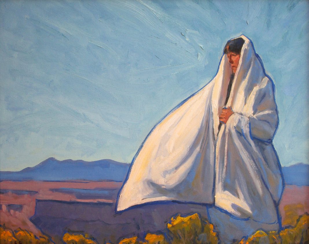 Lorenzo Chavez Connected To The Wind And Earth Native American Indian cape cloak western landscape portrait figure figurate western oil painting