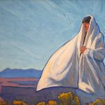 Lorenzo Chavez Connected To The Wind And Earth Native American Indian cape cloak western landscape portrait figure figurate western oil painting