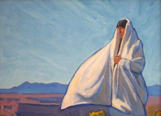 Lorenzo Chavez Connected To The Wind And Earth Native American Indian cape cloak western landscape portrait figure figurate western oil painting