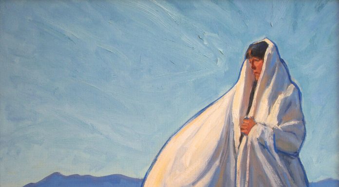 Lorenzo Chavez Connected To The Wind And Earth Native American Indian cape cloak western landscape portrait figure figurate western oil painting