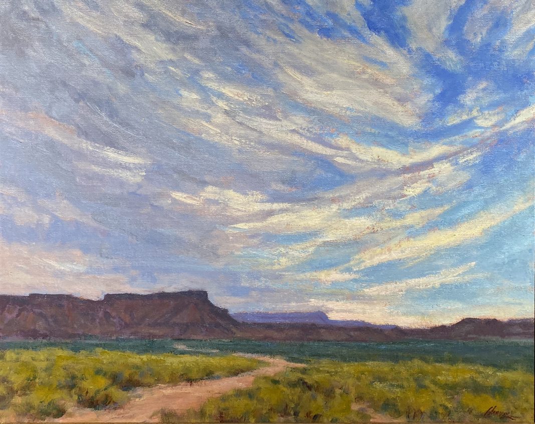 Lorenzo Chavez The Journey sky clouds mountains dirt road path trail western oil landscape painting