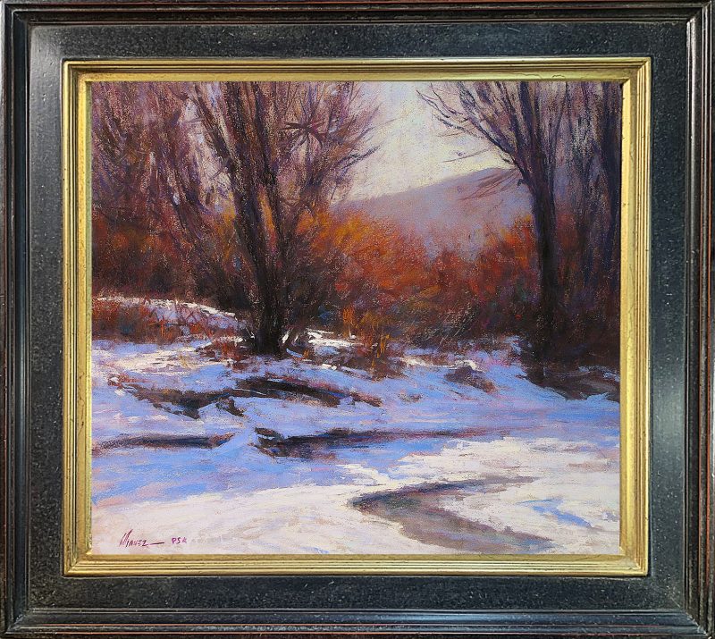 Lorenzo Chavez Platte River Winter Colorado landscape snow wilderness forest stream brook river pastel painting framed
