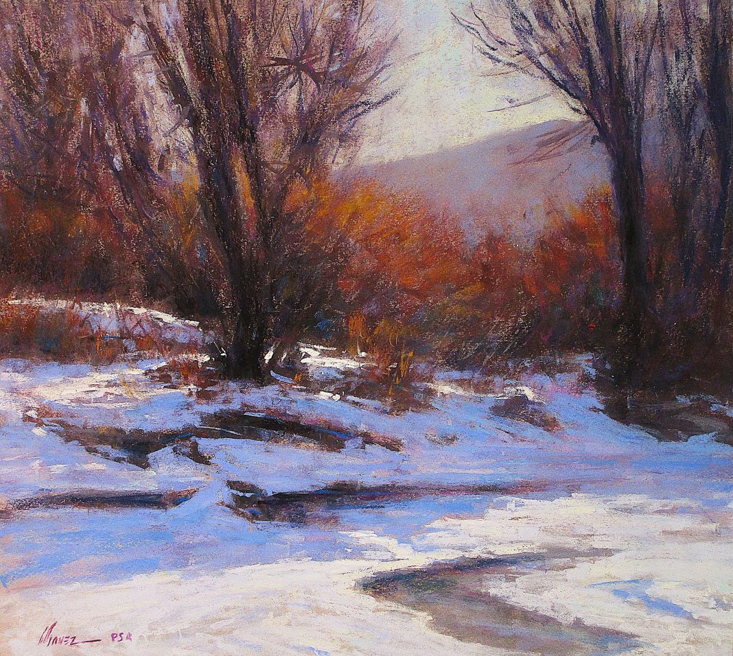 Lorenzo Chavez Platte River Winter Colorado landscape snow wilderness forest stream brook river pastel painting
