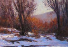 Lorenzo Chavez Platte River Winter Colorado landscape snow wilderness forest stream brook river pastel painting