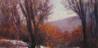 Lorenzo Chavez Platte River Winter Colorado landscape snow wilderness forest stream brook river pastel painting