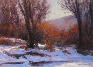 Lorenzo Chavez Platte River Winter Colorado landscape snow wilderness forest stream brook river pastel painting