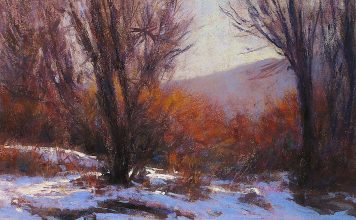 Lorenzo Chavez Platte River Winter Colorado landscape snow wilderness forest stream brook river pastel painting
