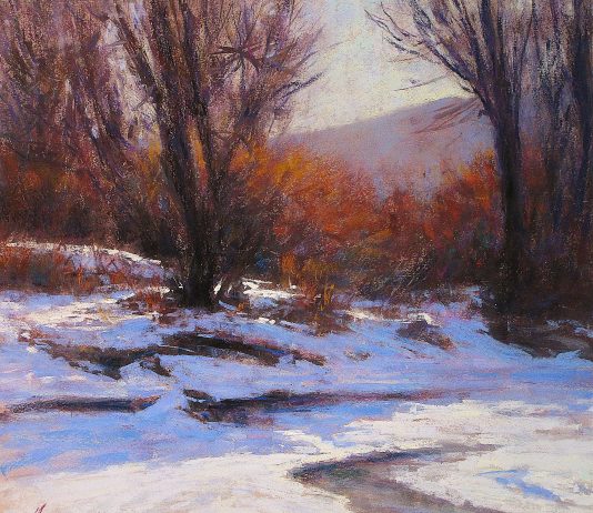 Lorenzo Chavez Platte River Winter Colorado landscape snow wilderness forest stream brook river pastel painting