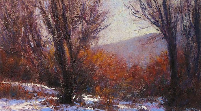 Lorenzo Chavez Platte River Winter Colorado landscape snow wilderness forest stream brook river pastel painting