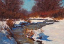 Lorenzo Chavez Spring Creek snow high mountains stream river western landscape oil painting