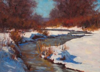 Lorenzo Chavez Spring Creek snow high mountains stream river western landscape oil painting