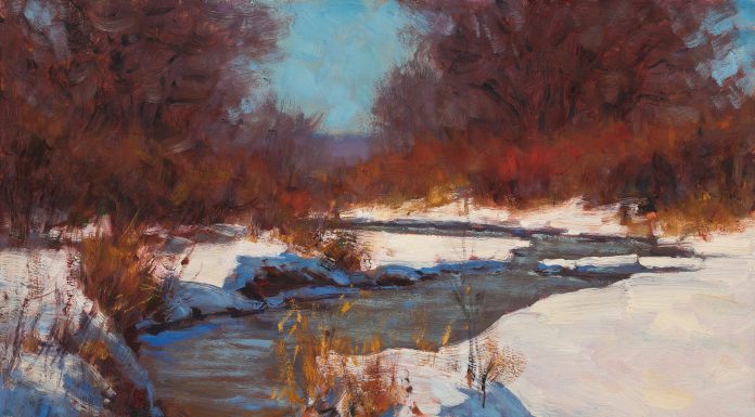 Lorenzo Chavez Spring Creek snow high mountains stream river western landscape oil painting