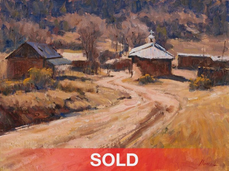 Lorenzo Chavez Sun Silence and Adobe New Mexico landscape architecture oil painting church sold