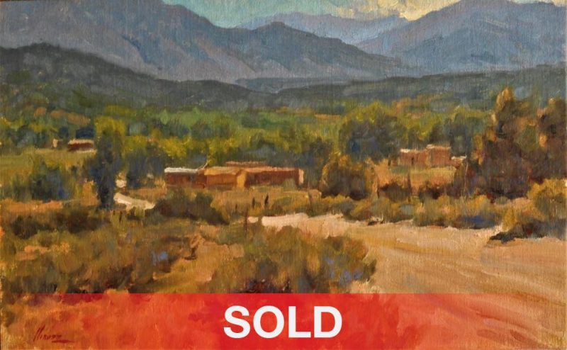 Lorenzo Chavez The View From Arroyo Hondo New Mexico pueblo adobe architectural western landscape oil painting sold