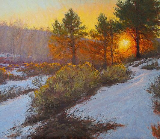 Lorenzo Chavez The Warmth Of The Sun snowy landscape oil painting sunrise Colorado high mountains