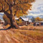 Lorenzo Chavez West Side Albuquerque tree buildings landscape New Mexico oil painting