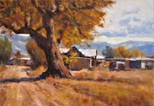 Lorenzo Chavez West Side Albuquerque tree buildings landscape New Mexico oil painting