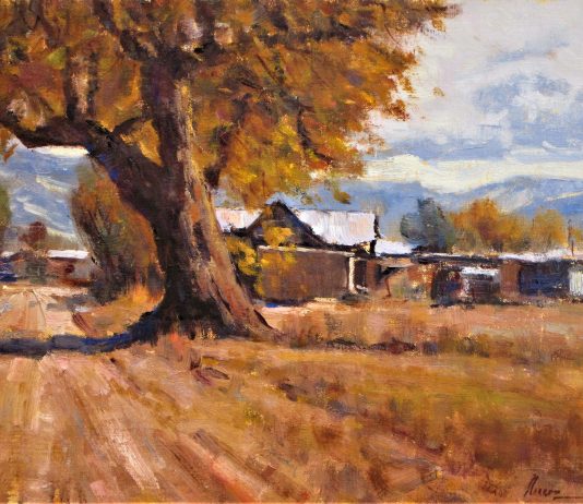 Lorenzo Chavez West Side Albuquerque tree buildings landscape New Mexico oil painting