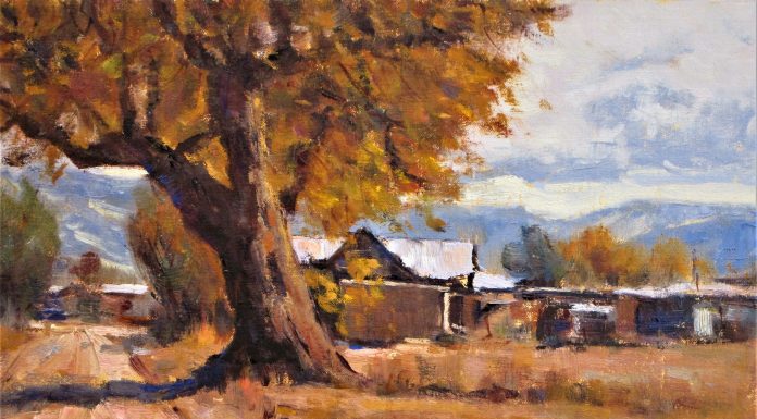 Lorenzo Chavez West Side Albuquerque tree buildings landscape New Mexico oil painting