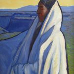 Lorenzo Chavez Yellow Sky Native American Indian cape cloak western landscape portrait figure figurate western oil painting