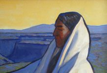 Lorenzo Chavez Yellow Sky Native American Indian cape cloak western landscape portrait figure figurate western oil painting