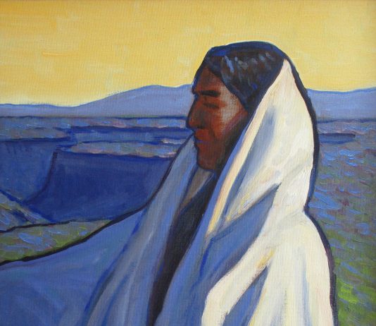 Lorenzo Chavez Yellow Sky Native American Indian cape cloak western landscape portrait figure figurate western oil painting