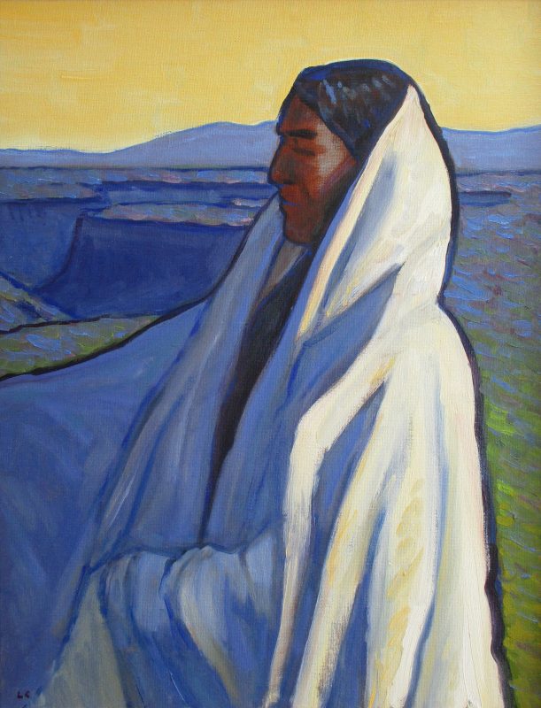 Lorenzo Chavez Yellow Sky Native American Indian cape cloak western landscape portrait figure figurate western oil painting