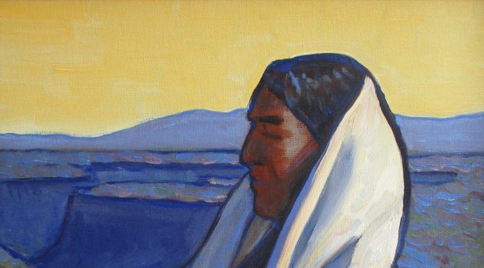 Lorenzo Chavez Yellow Sky Native American Indian cape cloak western landscape portrait figure figurate western oil painting