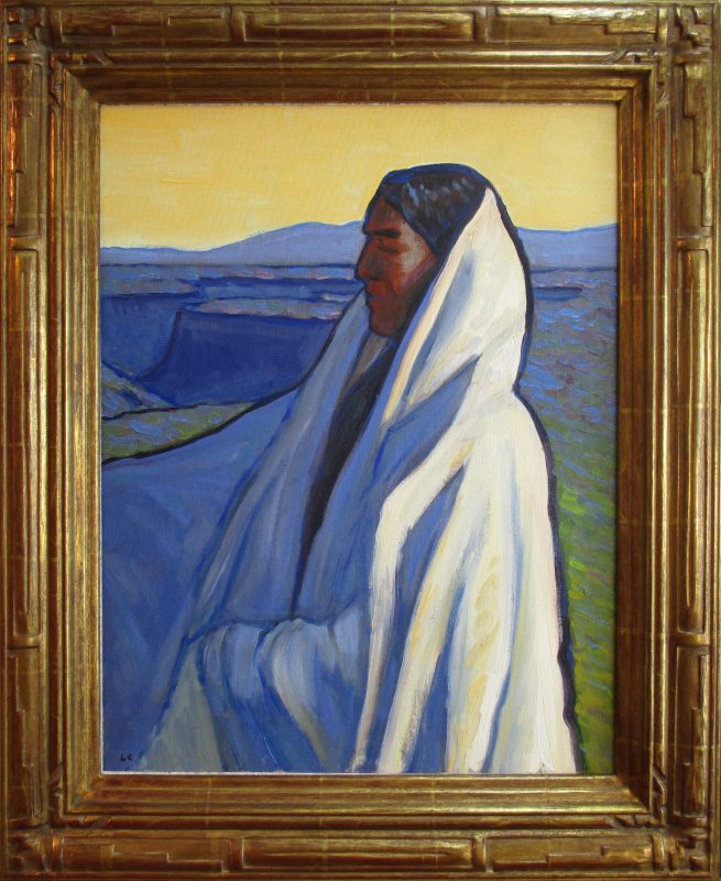 Lorenzo Chavez Yellow Sky Native American Indian cape cloak western landscape portrait figure figurate western oil painting framed