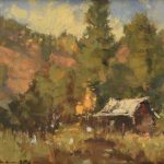 Gene Costanza "A Little Cabin Fever" forest barn mountains western landscape oil painting