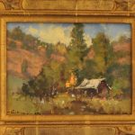 Gene Costanza "A Little Cabin Fever" forest barn mountains western landscape oil painting framed