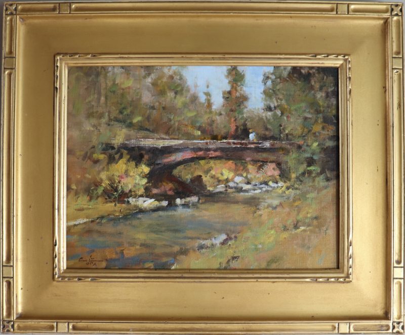 Gene Costanza Bridge In The Woods river stream landscape oil painting framed