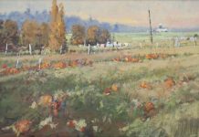 Gene Costanza Leftover From October ranch farm pumpkin Halloween jack o lantern western oil painting