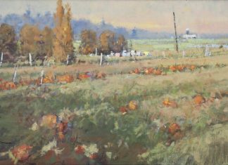 Gene Costanza Leftover From October ranch farm pumpkin Halloween jack o lantern western oil painting