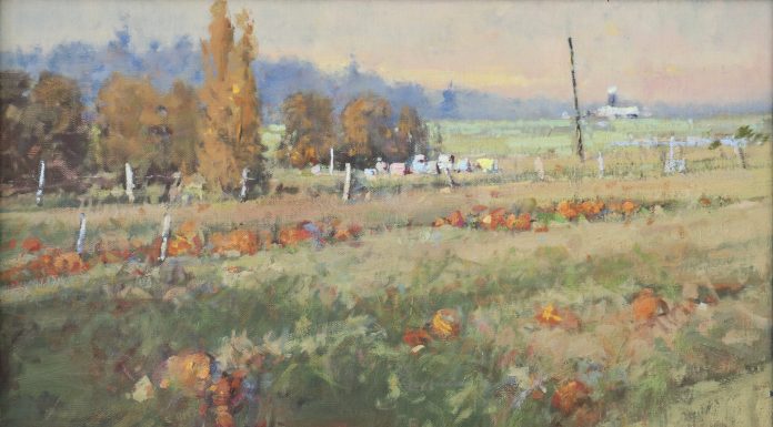 Gene Costanza Leftover From October ranch farm pumpkin Halloween jack o lantern western oil painting