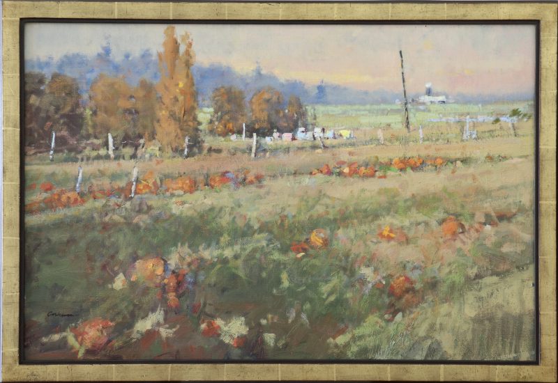 Gene Costanza Leftover From October ranch farm pumpkin Halloween jack o lantern western oil painting framed