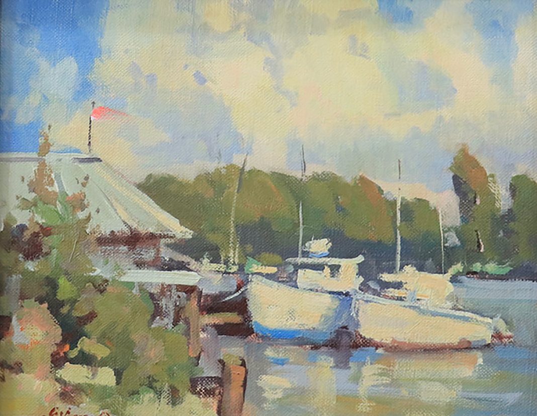 Gene Costanza Moored At Whitman boat lake dock inlet fishing landscape oil painting