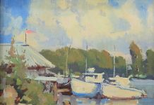 Gene Costanza Moored At Whitman boat lake dock inlet fishing landscape oil painting