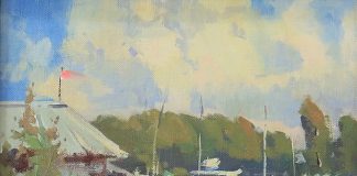 Gene Costanza Moored At Whitman boat lake dock inlet fishing landscape oil painting