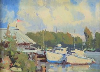 Gene Costanza Moored At Whitman boat lake dock inlet fishing landscape oil painting