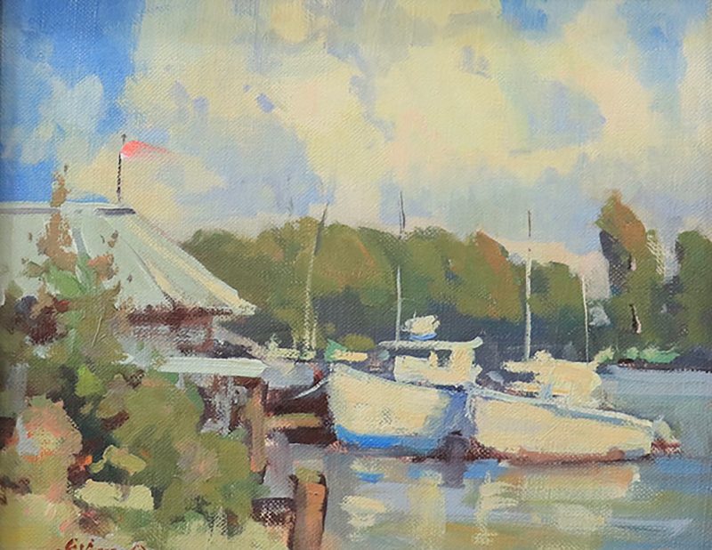 Gene Costanza Moored At Whitman boat lake dock inlet fishing landscape oil painting