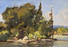 Gene Costanza Summer Shoreline lake river stream inlet Cody Wyoming landscape oil painting