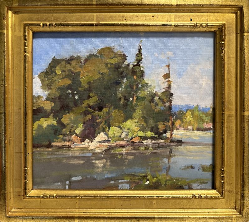 Gene Costanza Summer Shoreline lake river stream inlet Cody Wyoming landscape oil painting framed