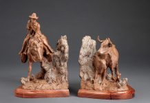 Jason Scull Brush Country bookends cowboy horse cattle longhorn cow calf western bronze sculpture