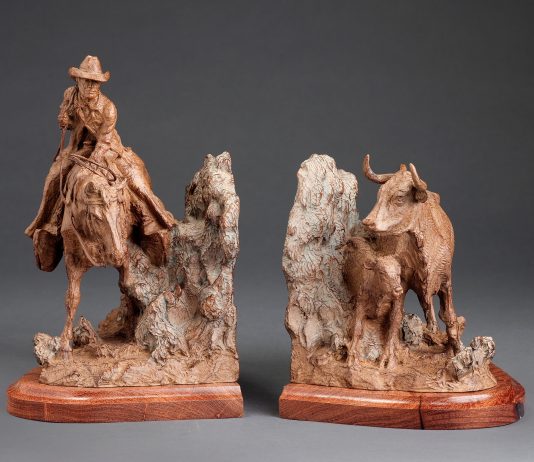 Jason Scull Brush Country bookends cowboy horse cattle longhorn cow calf western bronze sculpture